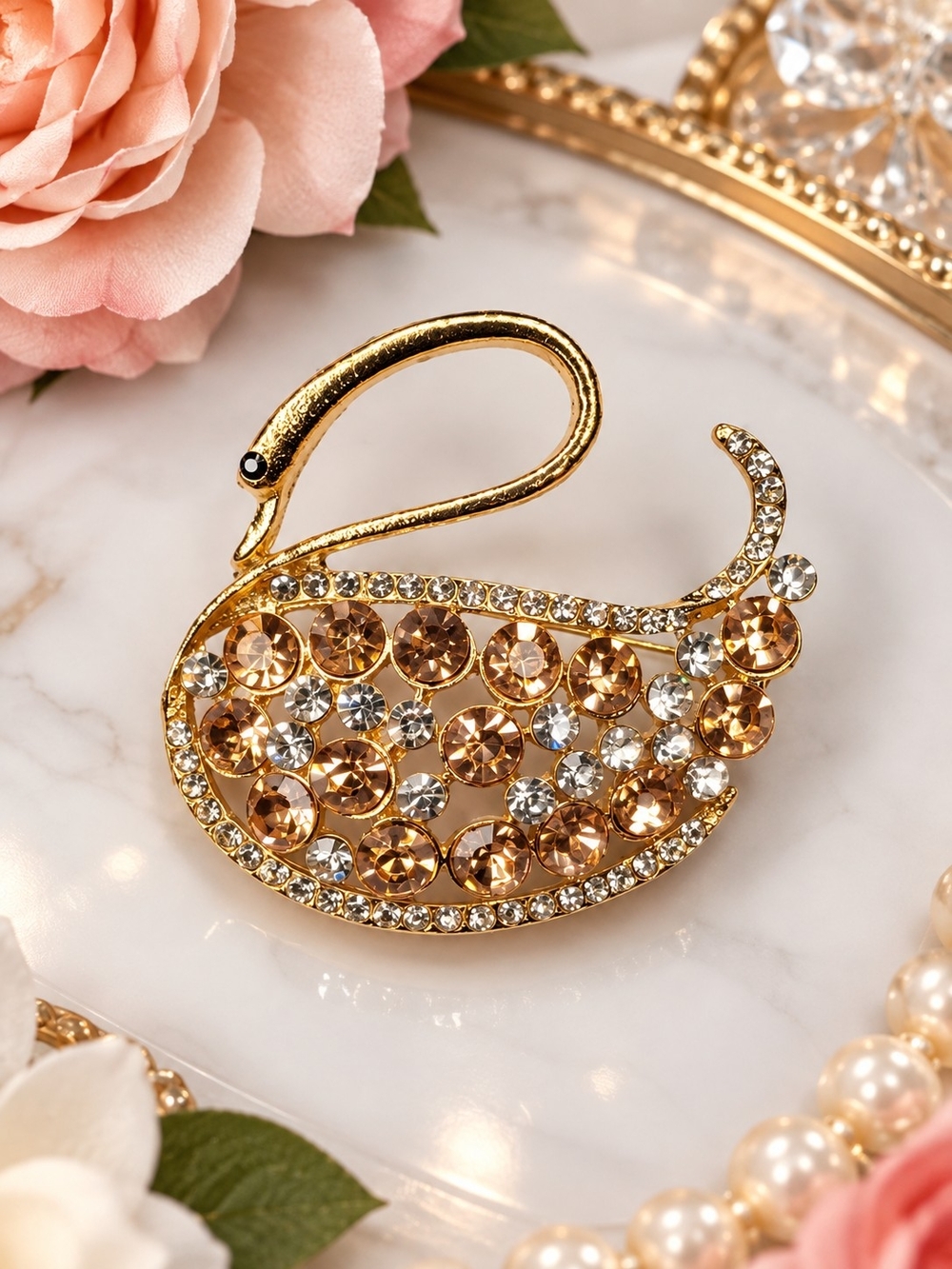Gold-Tone Rhinestone Swan Brooch